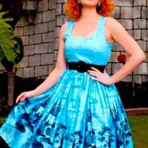 Pinup Girl Clothing Aurora Dress in Castle Blue size 4X